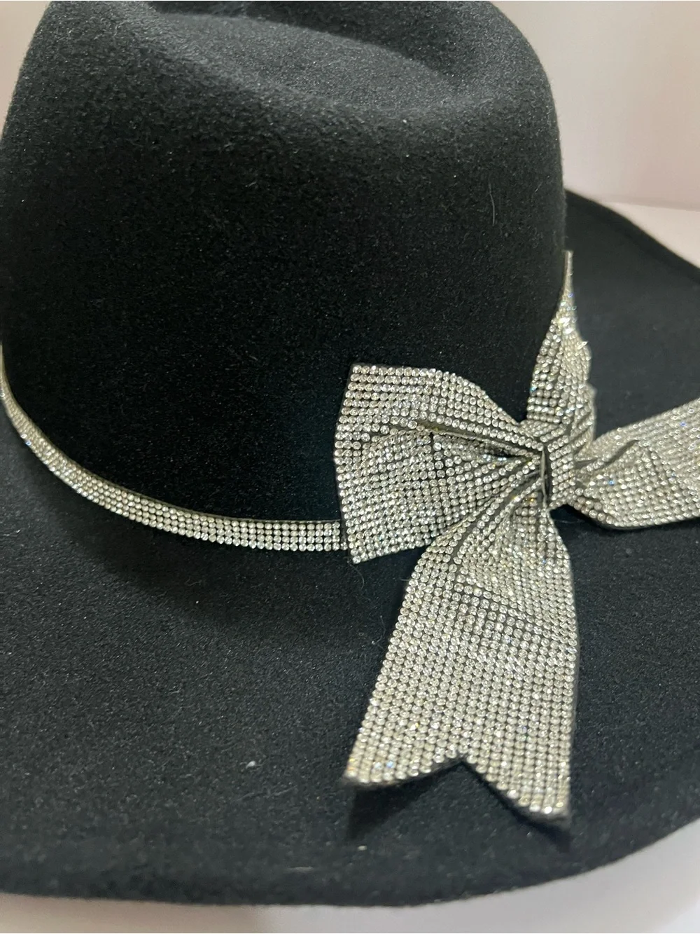Black Wide Brim Fedora Hat Rhinestone Bow Statement Western Glam